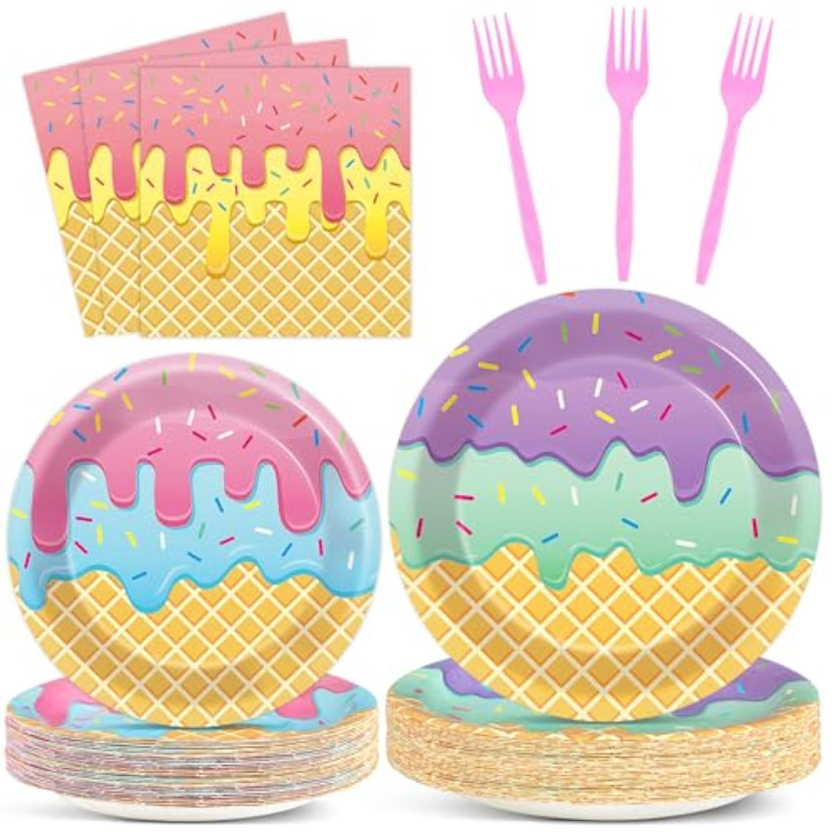 100Pcs Ice Cream Birthday Party Supplies Pink Sweet Ice Cream Paper Plates Napkins Fork Set Disposable Fairy Ice Cream Tableware Decorations For Girls Baby Shower Dinner Serves 25