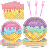 100Pcs Ice Cream Birthday Party Supplies Pink Sweet Ice Cream Paper Plates Napkins Fork Set Disposable Fairy Ice Cream Tableware Decorations For Girls Baby Shower Dinner Serves 25