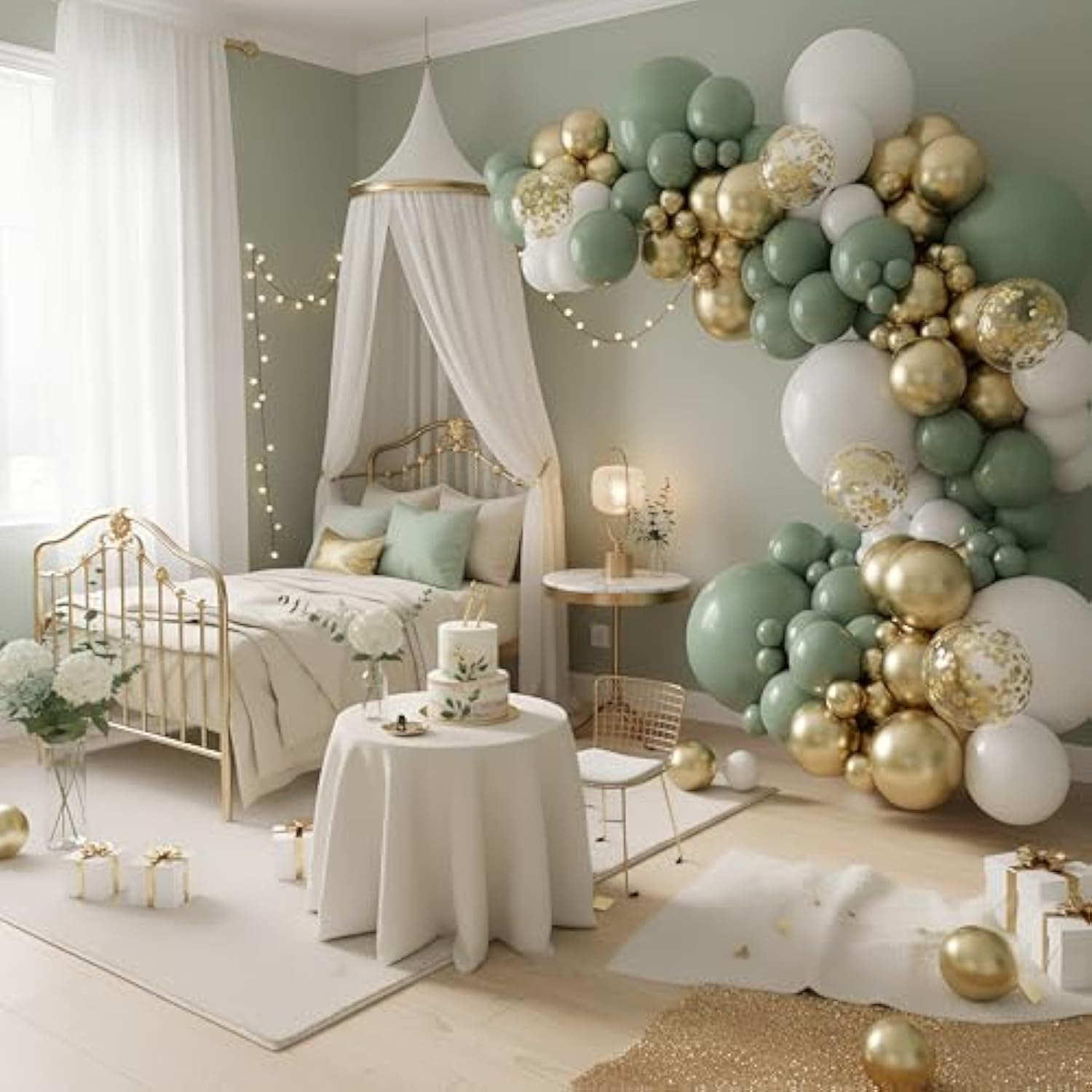 Balloon Garland Arch Kit – 146 Pcs Sage Green, White, Metallic Gold & Confetti Balloons For Baby Shower, Birthday, Gender Reveal, Wedding Party – Diy Kit By