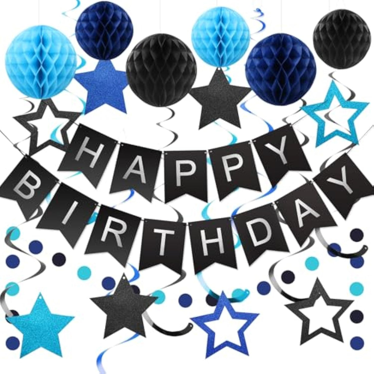 Birthday Decorations, Happy Birthday Banner With Honeycomb Balls, Stars Hanging Swirl Streamers, Circle Dots Garland, Happy Birthday Party Decorations For Women Men Boys Girls (Black&Blue)