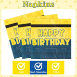 96Pcs Happy Birthday Yellow Theme Party Tableware Set Cartoon Party Supplies For Kids Baby Shower Serves 24 Guests, Disposable Dinnerware Paper Dessert Dinner Plates Napkins Plastic Forks