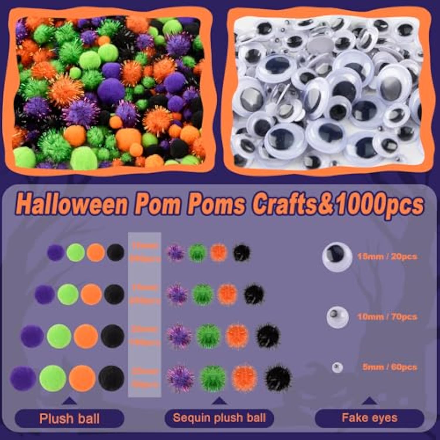 Halloween Craft Kit: 1000 Pom Poms & Googly Eyes - DIY Party Decor