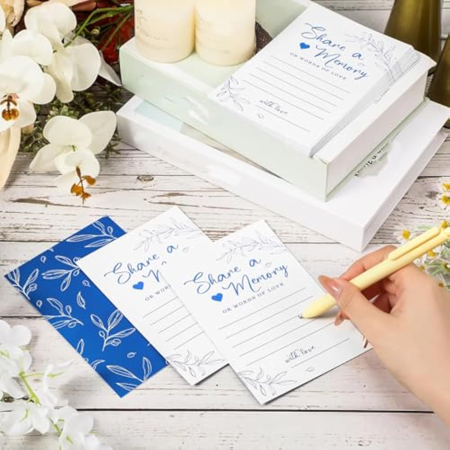 50 Pcs Greenery Share A Memory Cards For Collections Of Life Memory Guest Cards Box Ideas For Funeral Graduation Wedding Bridal Shower Birthday Anniversary Retirement(Blue)