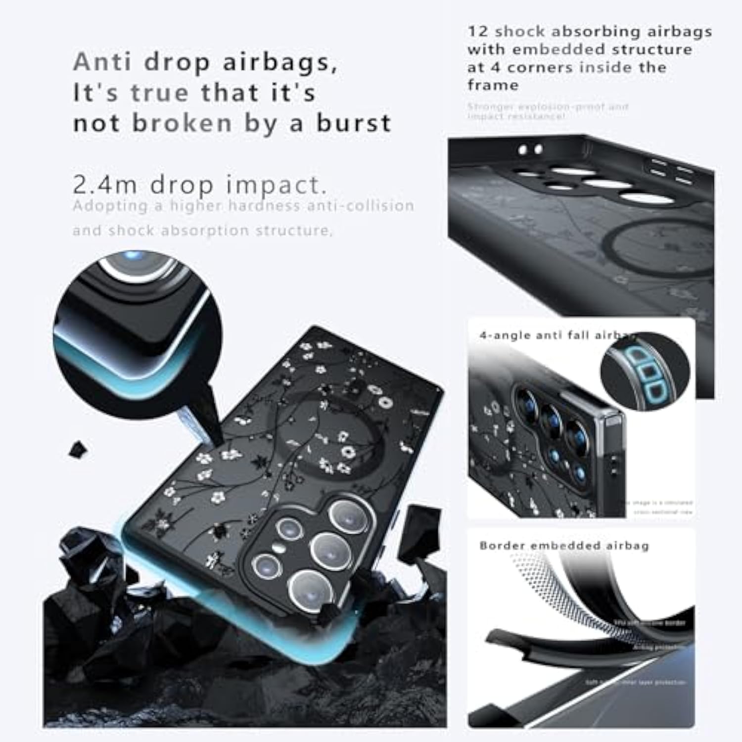 Magnetic Case For Samsung Galaxy S24 Ultra [Compatible With Magsafe] Black Flower Floral Case For Women Girls Soft Tpu Bumper Hard Pc Anti-Fall Shockproof Protective Slim Cover A10