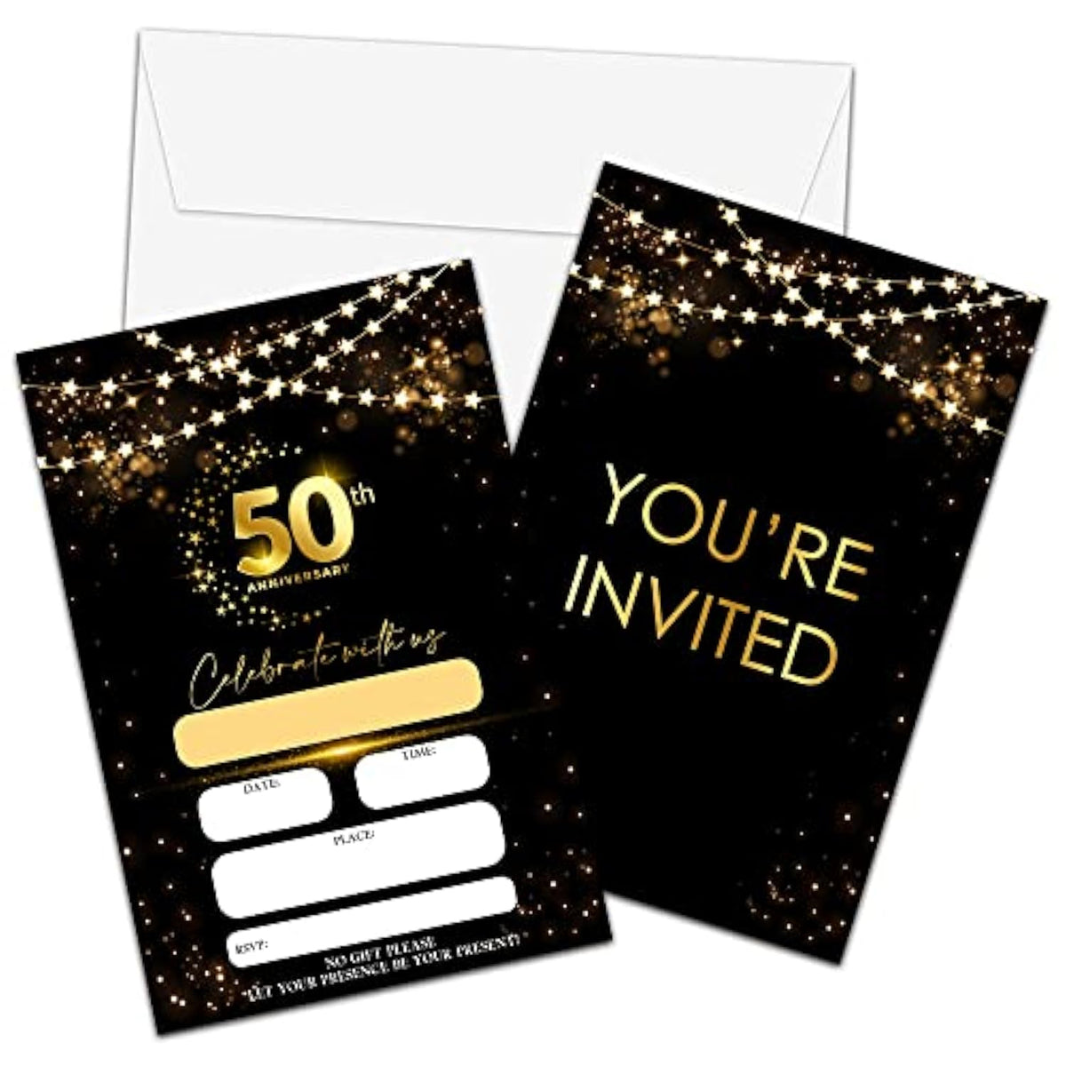 50Th Anniversary Invitations Cards, Black Gold Glitter Wedding Anniversary Invitations With Envelopes, Celebrate With Us Fill-In Invites Cards, Anniversary Party Supplies Decorations(Pack Of 25)