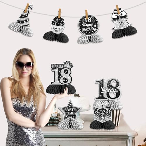 8PCS 18th Birthday Honeycomb Centerpieces, Black and Silver 18th Birthday Table Decorations Double-Sided Printing Happy Birthday Table Toppers for Boys Girls 18 Years Old Birthday Party