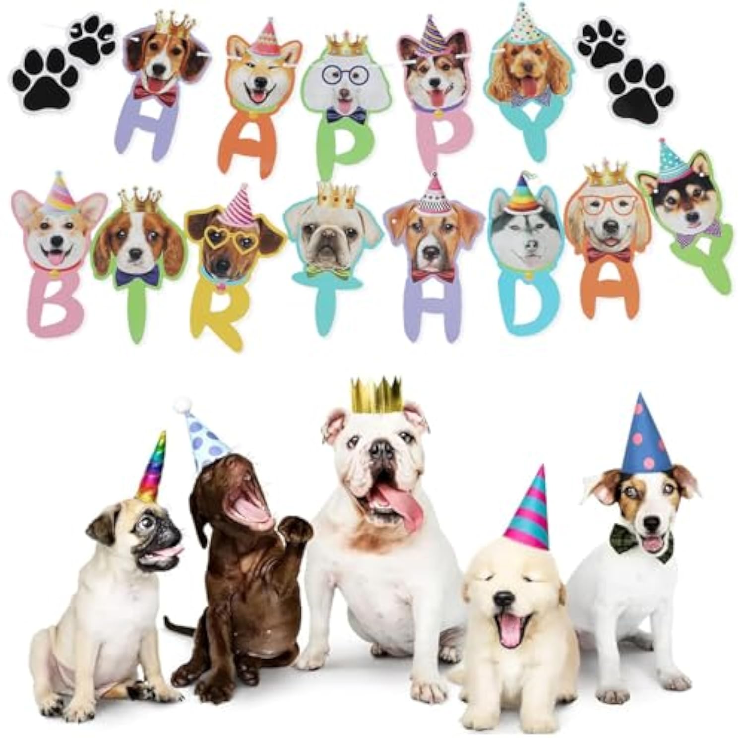 Dog Birthday Party Decor "Let's Paw-ty" Banner, Paw Print Balloons & Cake Toppers