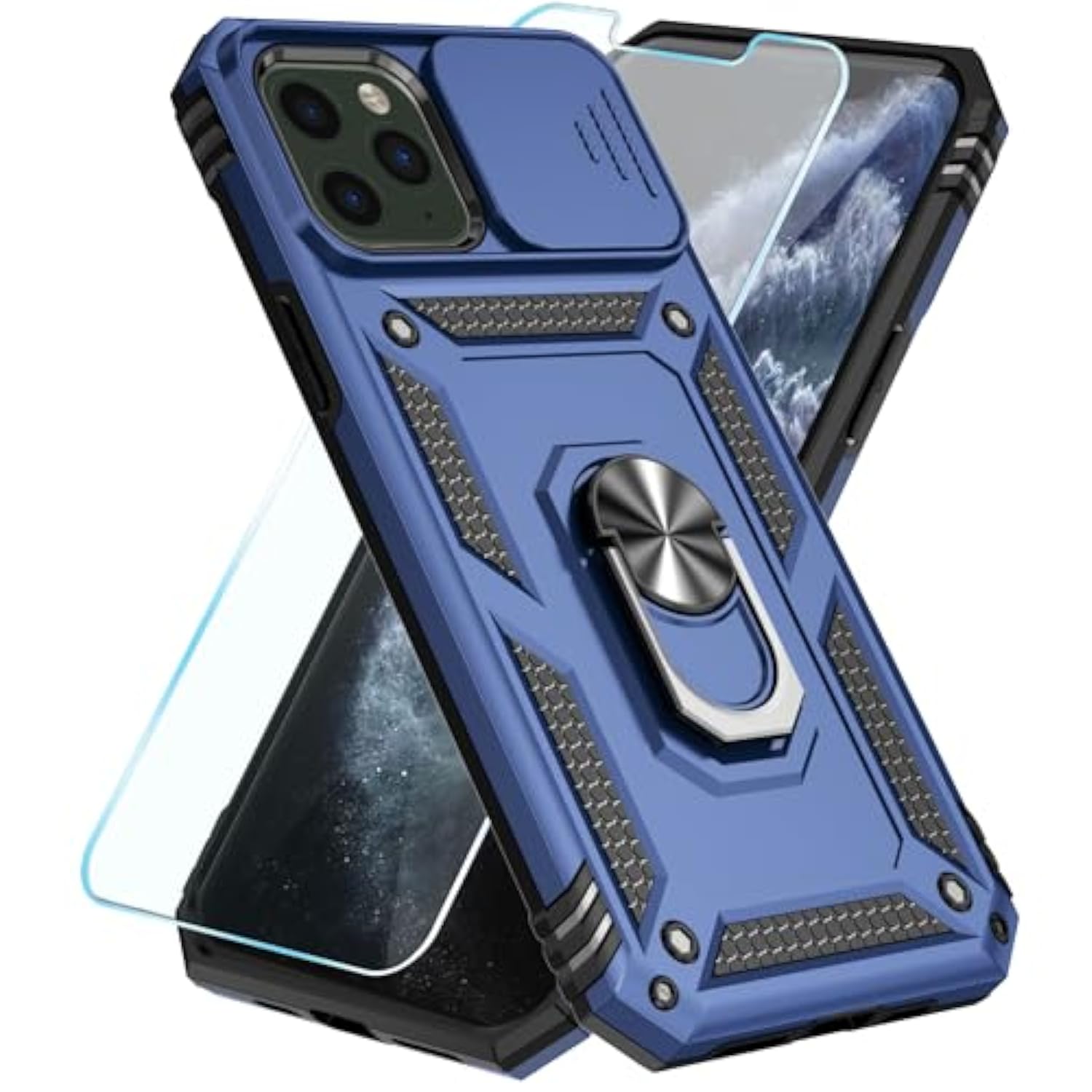 Compatible With Iphone 11 Pro Max Case With Hd Screen Protector & Slide Camera Cover & Rotated Ring Kickstand, [Military-Grade] Phone Case For Iphone 11 Pro Max (Blue)