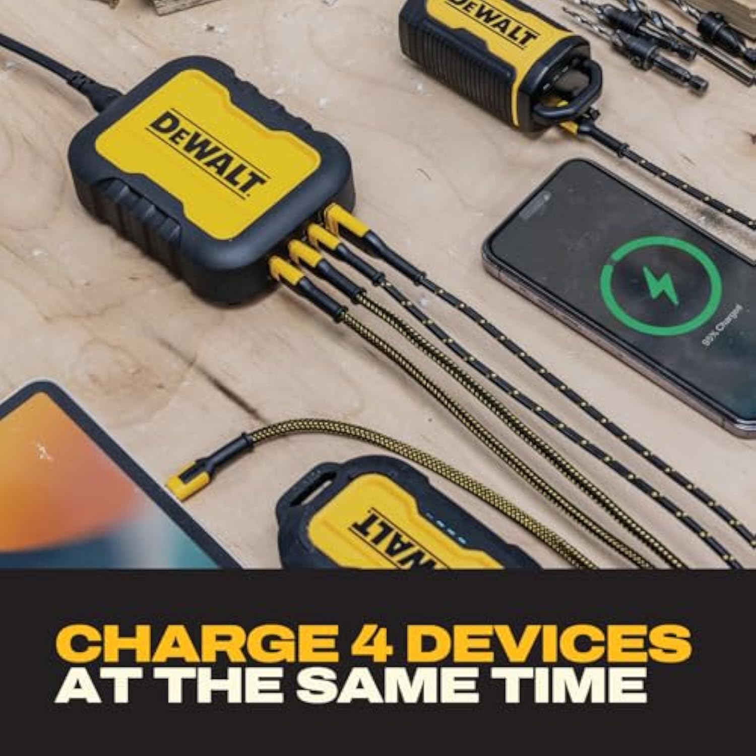 DEWALT Heavy Duty 4 Port USB C Charger Block, 100W USB C Charger Intelligent Power Sharing, 6ft Power Cord, Charge 4 Devices Compatible w/DEWALT 20V Batteries, Perfect for Work Tables & Jobsites
