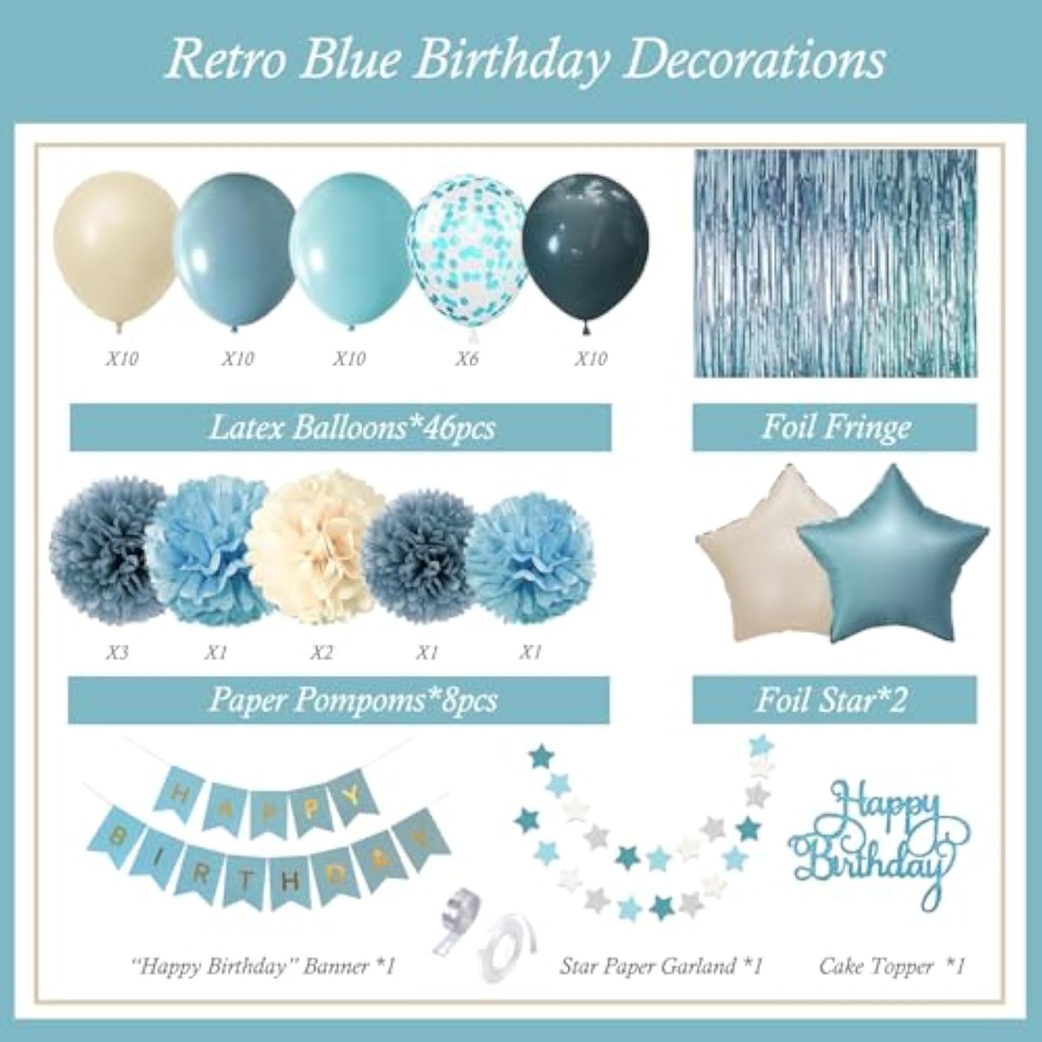 60pcs Blue Birthday Decorations with Balloons, Banner, Fringe Curtain & Pom Poms