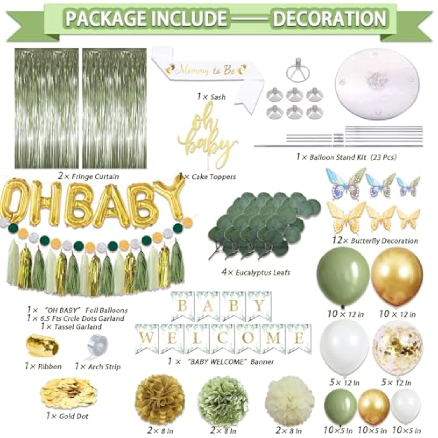 217 Pcs Sage Green Baby Shower Decorations, Neutral Baby Shower Decor Supplies- Disposable Dinnerware Set With Eucalyptus Leaf (25 Guest), "Oh Baby" Banner, Balloon, Sash, Cake Topper