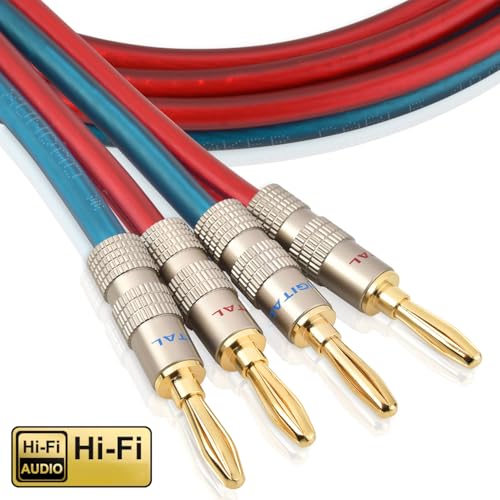 Speaker Cable Wire with Banana Plugs,14 AWG HiFi Pure Copper Speaker Wire,99.9% OFC Stranded Copper Wire,Gold Plated Banana Tip Plugs,Red/Blue