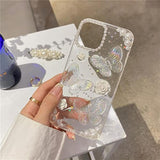 Compatible For Iphone 15 3D Butterfly Floral Clear With Design Aesthetic Women Teen Girls Glitter Pretty Crystal Sparkle Sparkly Cute Girly Phone Cases Protective Cover+Pearl Chain-Clear