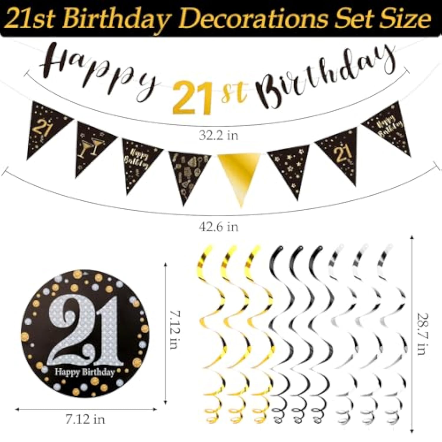 21St Birthday Decorations - Black Gold Pre-Assembled Triangle Flag Banner And Glitter Hanging Swirls Party Set