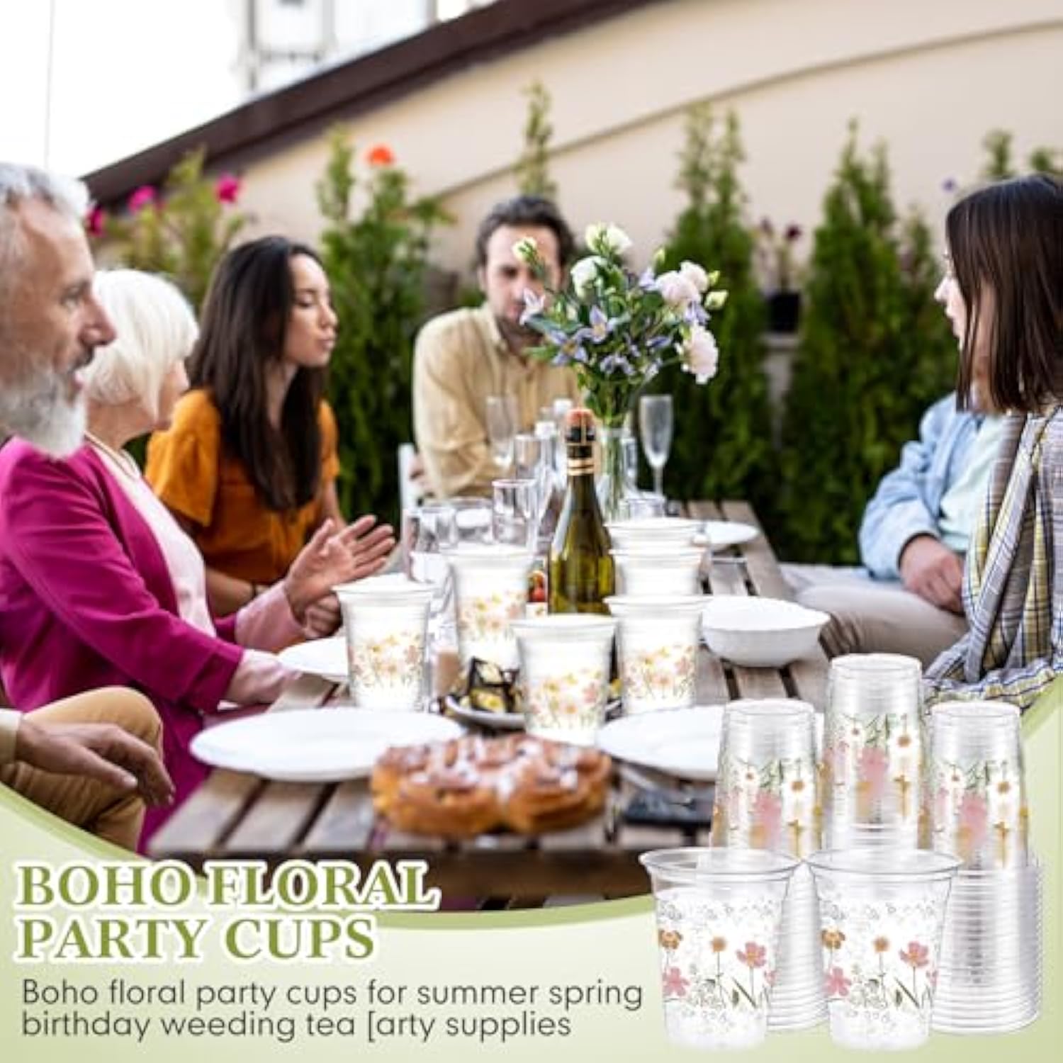 60 Pcs Flower Spring Summer Disposable Cups 16 Oz Floral Wildflowers Plastic Drinking Cups For Summer Spring Birthday Baby Shower Party Supplies(Boho)