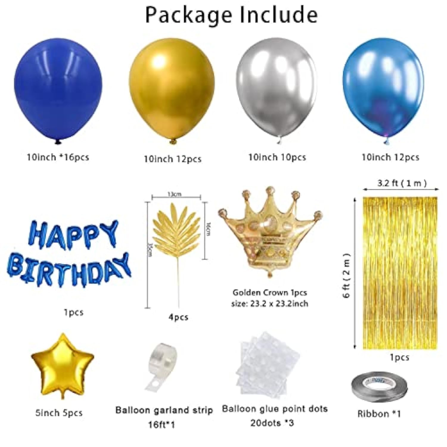 Gold & Silver Blue Birthday Party Decoration Set - Happy Birthday Banner, Balloons, Metallic Fringe Curtain, Golden Crown - Perfect For Girls, Boys, Men Or Women