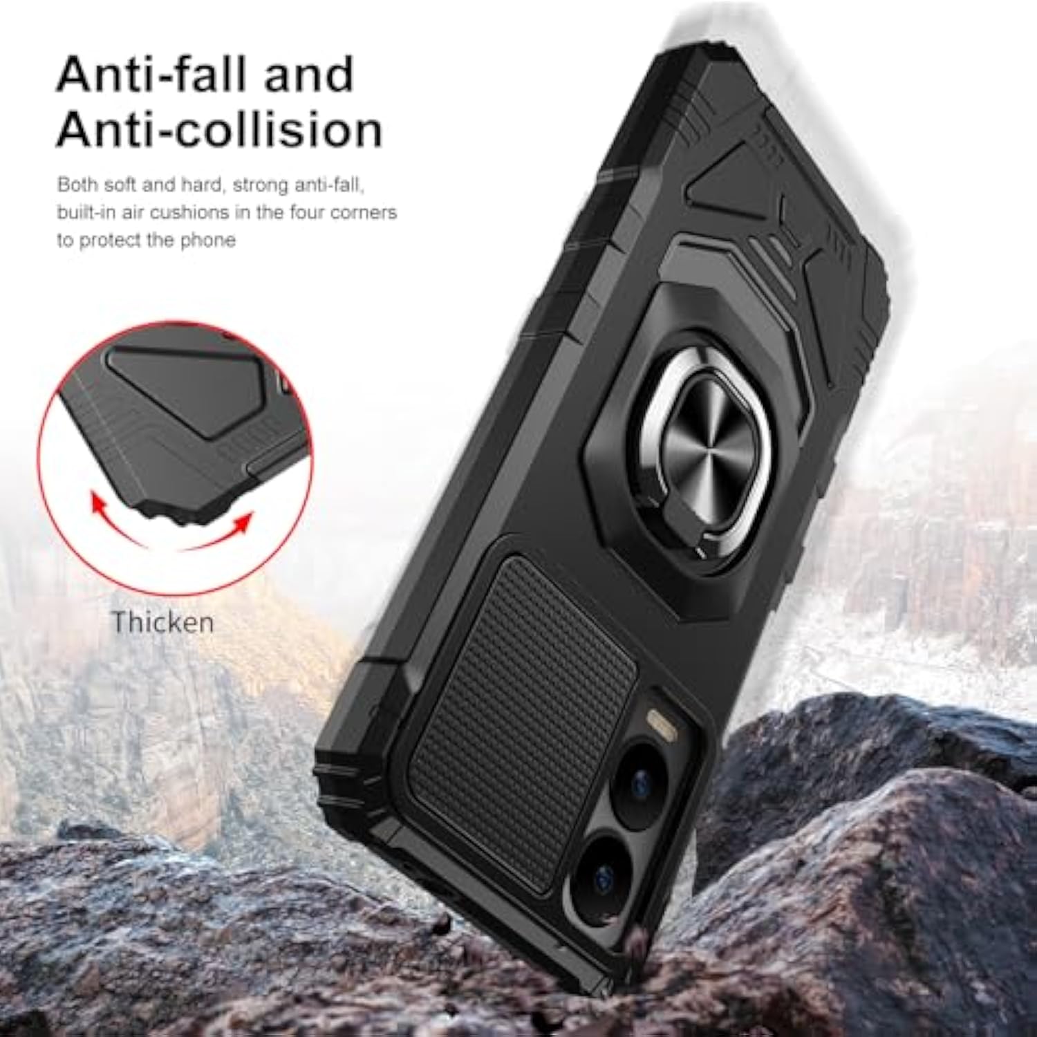 For Cricket Icon 6 Phone Case/At&T Verge Case With Tempered Glass Screen Protector,Military Grade Heavy Duty Shockproof Protective Cover,With Ring Kickstand (Cricket Icon 6, Black)