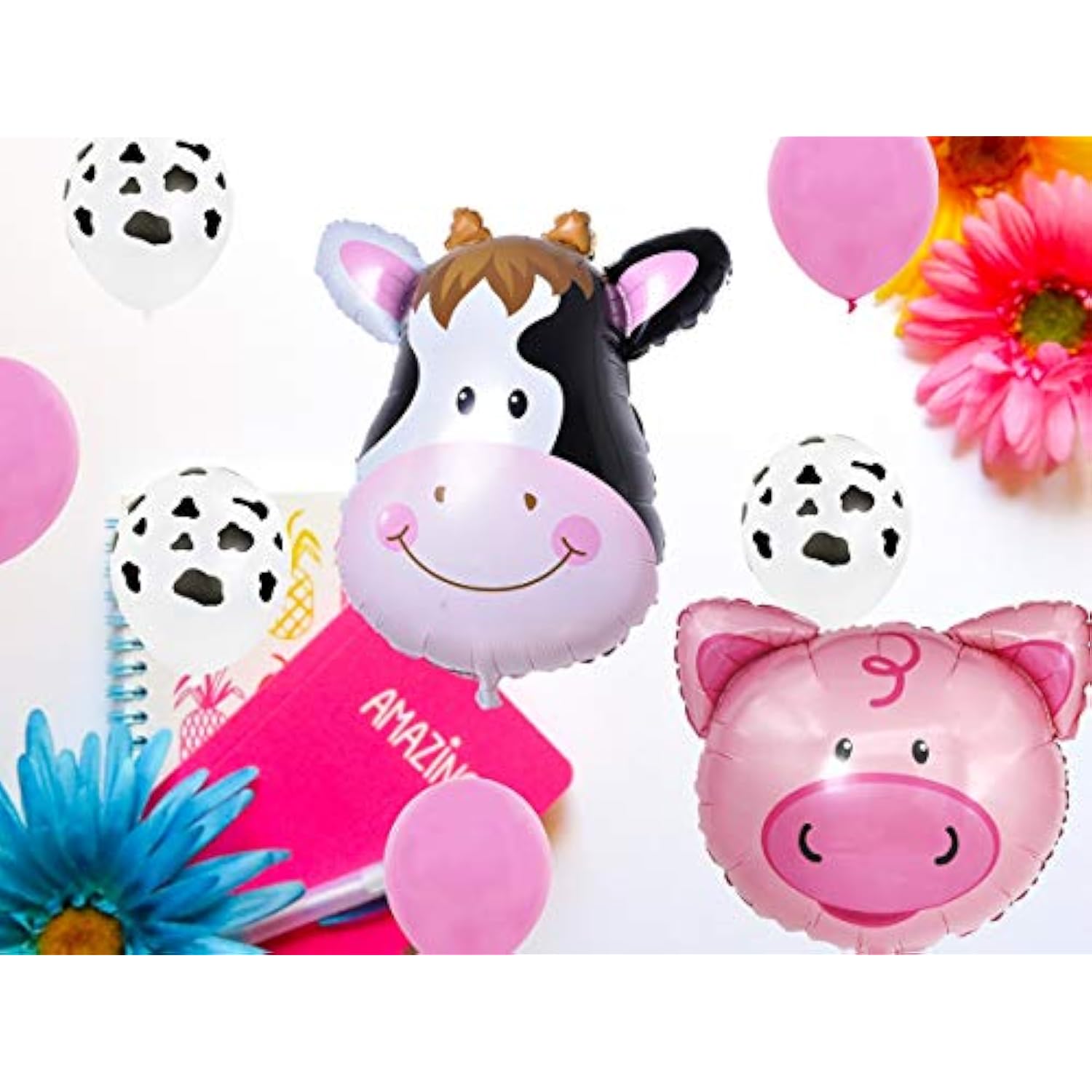 18Pcs Farm Animal Balloon For 2Nd Birthday Party Decorations Pig Cow Head Second Farm Animal Theme Balloon Garland Arch 40" Number 2 Foil Balloon 12" Latex Balloon Baby Girl Shower Party Supplies