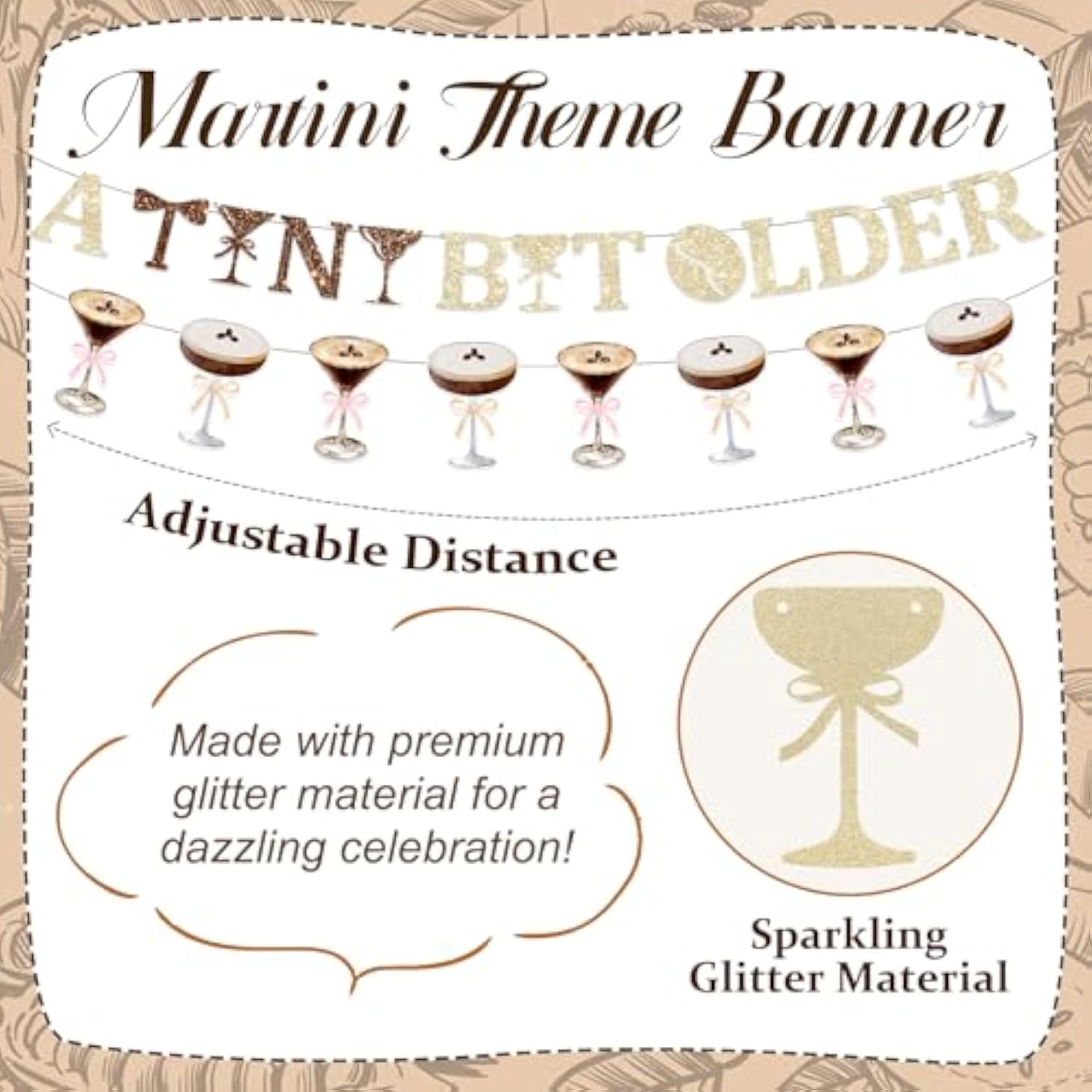 24Pcs Espresso Martini Birthday Party Decorations, A Tiny Bit Older Birthday Decorations Gold Brown Glitter Banner Balloons Hanging Swirls For Girls Women Martini Bachelorette Bridal Shower Party Supplies