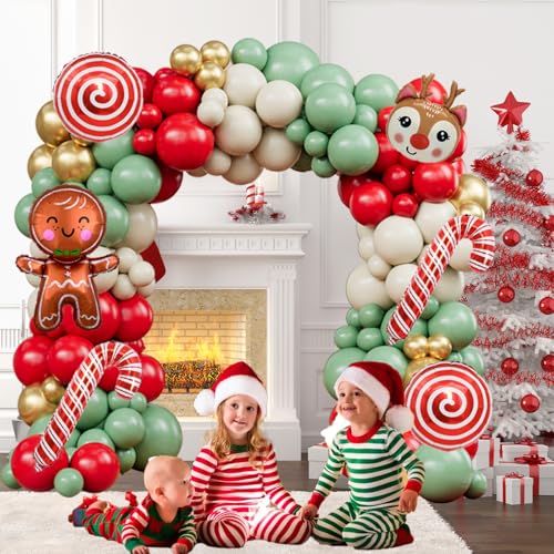 Christmas Balloon Arch 142pcs Sage Green Red And Sand Balloons Christmas Balloon With Candy Cane Gingerbread Balloon For New Year XMAS Party Decorations