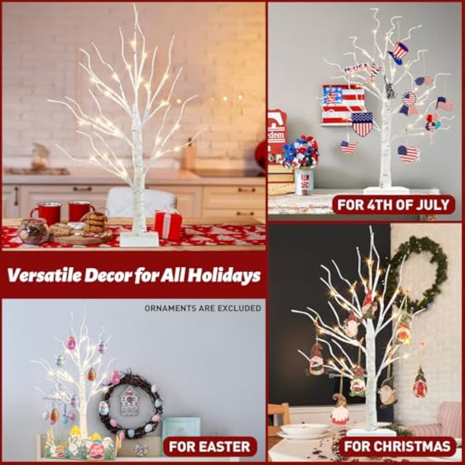 Artificial Tree For Christmas Decorations, 2Ft Birch Tree With Led Lights, Warm White Fairy Lights Spirit Tree Lamp For Home Indoor Tabletop Centerpiece, Battery Powered, Timer