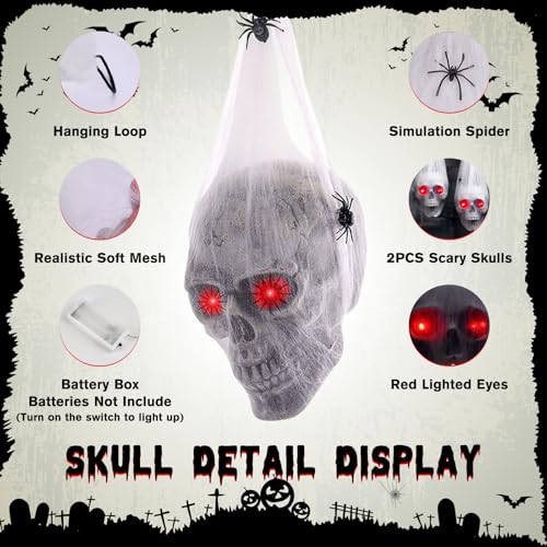 Halloween Decorations Outdoor Indoor 2PCS Hanging Skull with Light up Eyes Spider Web Scary Haunted House Decor Halloween Party Decor Graveyard Decoration