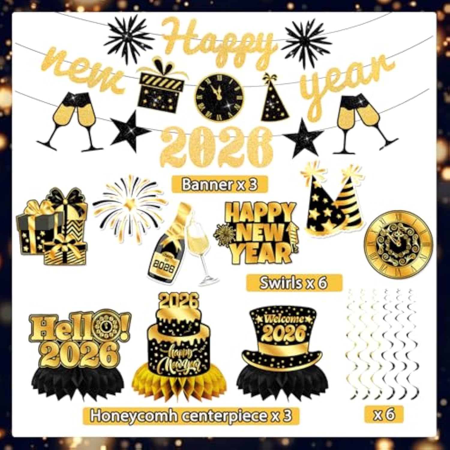 16pcs Gold Black New Year 2026 Decorations Banner Swirls Honeycomb Decor