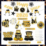 16pcs Gold Black New Year 2026 Decorations Banner Swirls Honeycomb Decor