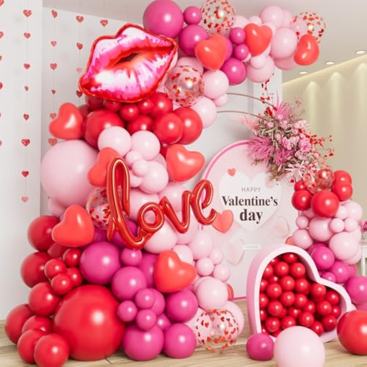 138Pcs Valentines Day Balloon Garland Arch Kit, Pink Red Rose Pink Balloons With Love Lips Foil Balloons For Valentines Birthday Wedding Anniversary Party Decorations
