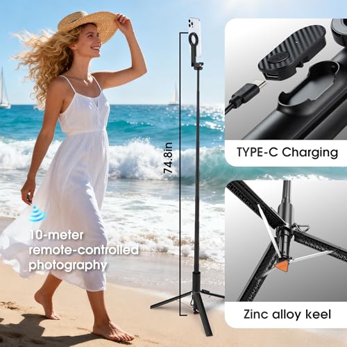 Magnetic Phone Tripod,76" Auto-Open Phone Stand with Metal Ring & Rechargable Remote,Portable Selfie Stick with Magnetic Holder for