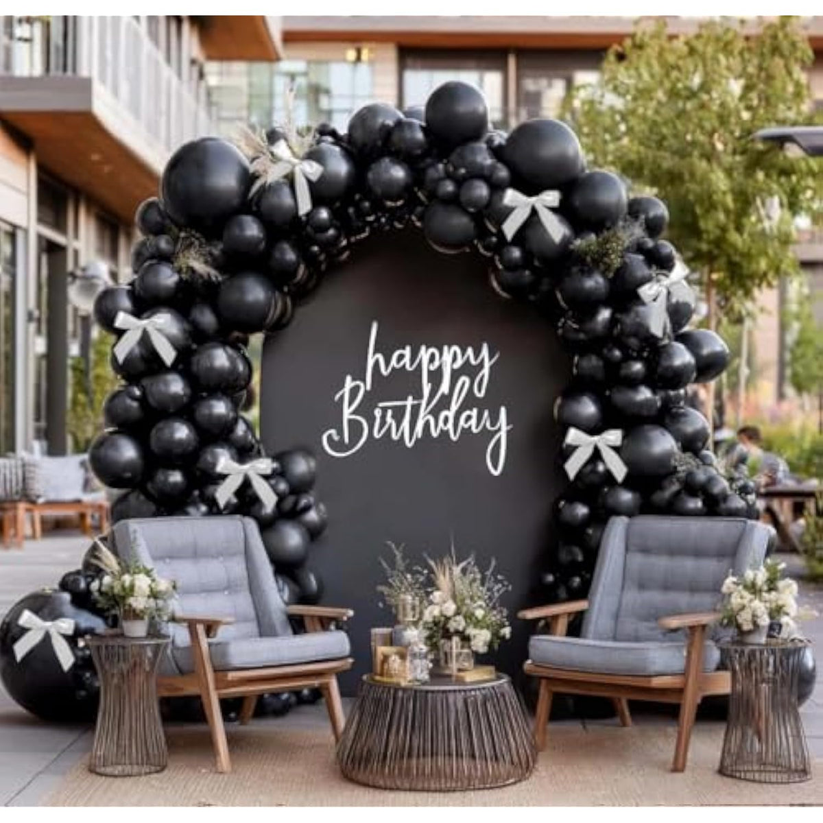Double Stuffed Black Balloons Various Sizes Arch Garland Kit With White Bow