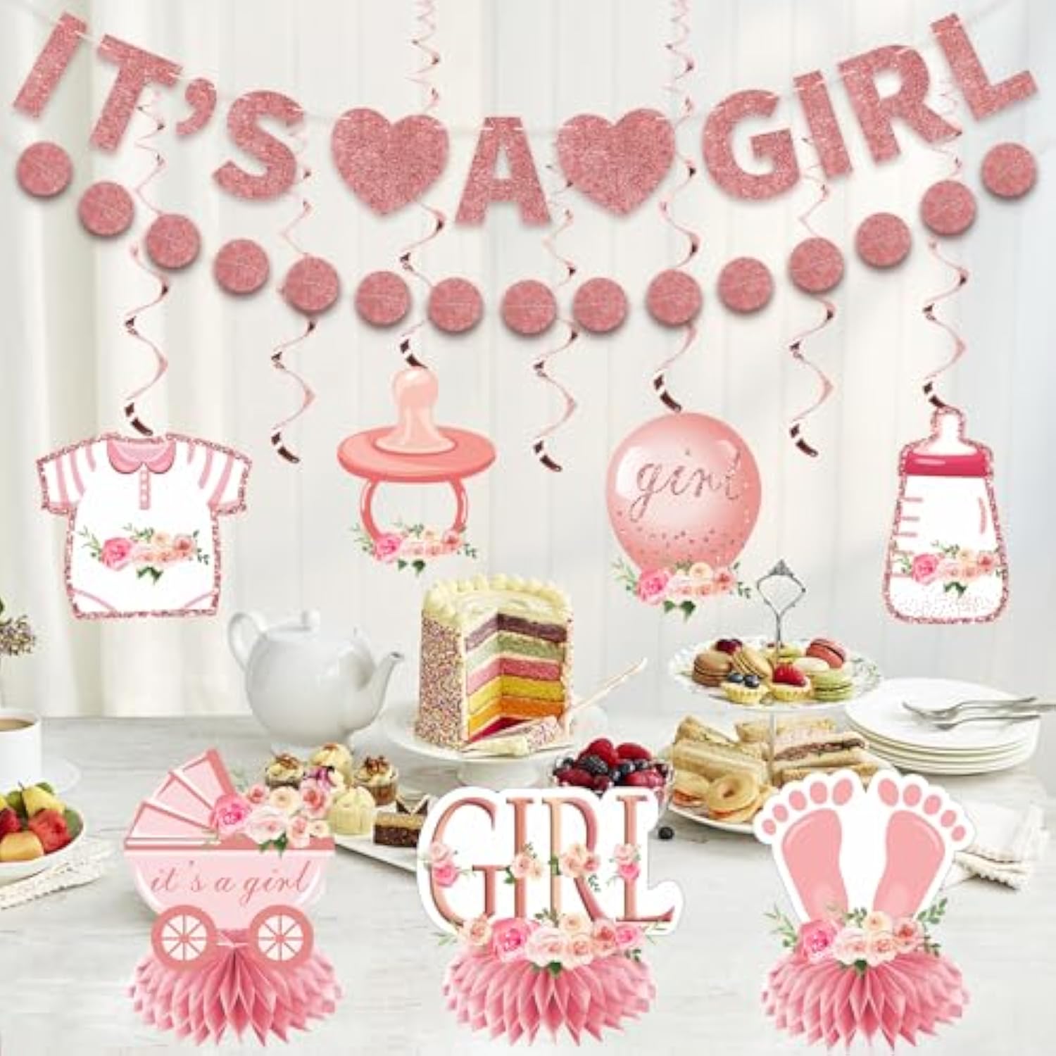 9Pcs Pink Rose Gold Baby Shower Decorations Kit For Girl, Floral It'S A Girl Gender Reveal Banner Table Centerpiece Hanging Swirls Set, Pregnancy Announcement Circle Dot Garland Banner Party Supplies