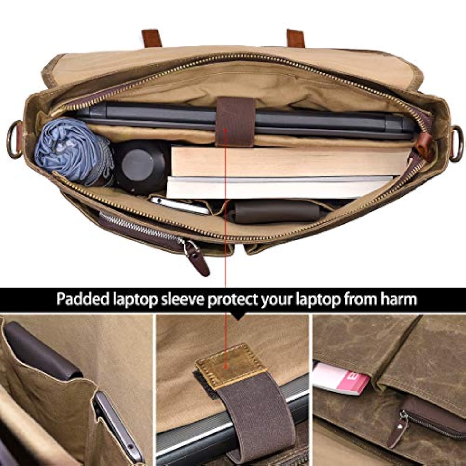Mens Messenger Bag 15.6 Inch Waterproof Vintage Genuine Leather Waxed Canvas