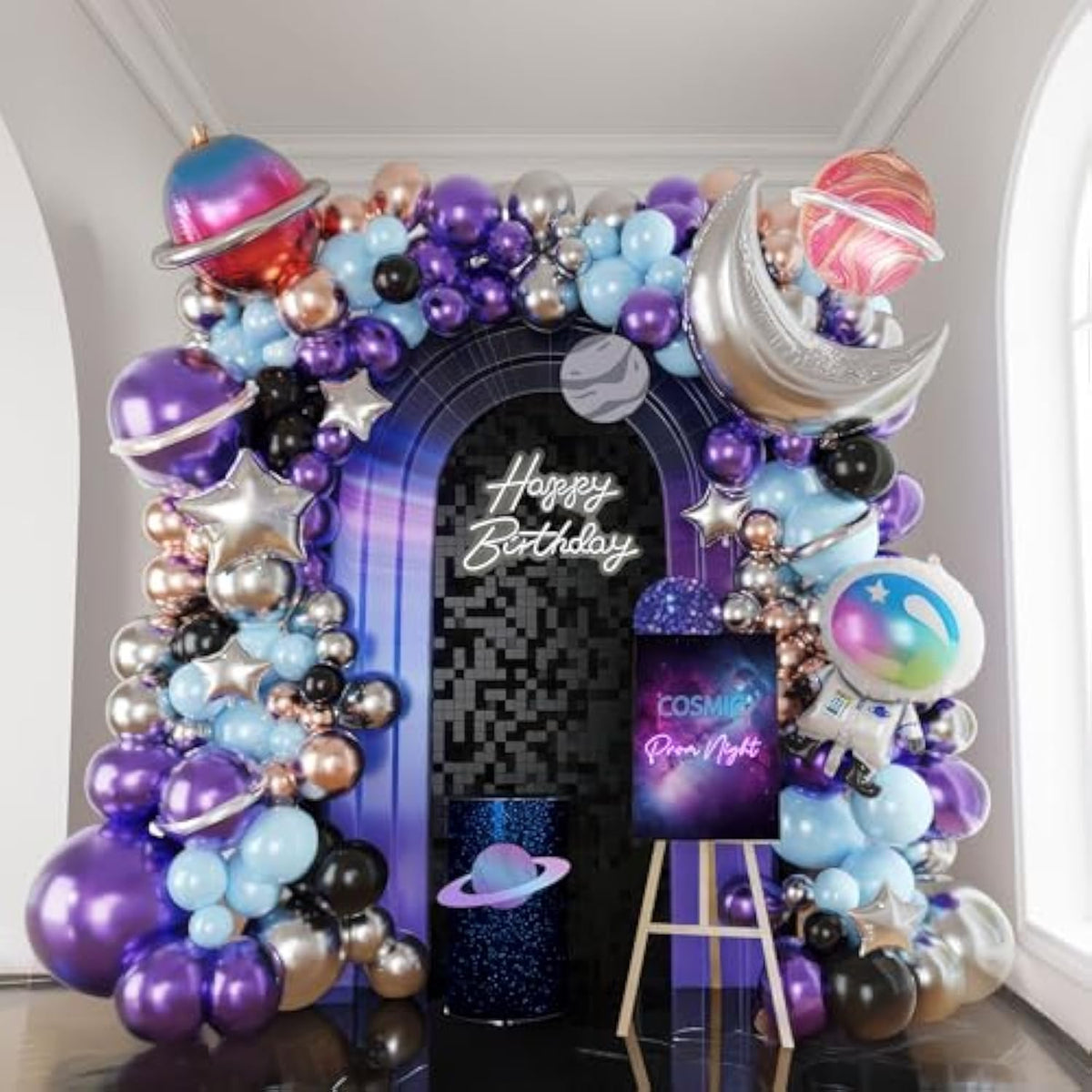 Galaxy Space Balloon Garland Kit 140Pcs Purple Blue Black Outer Space Astronaut Moon & Star Diy 4D Planet Balloons For Girl Two The Moon Birthday Decorations Kids Party Supplies