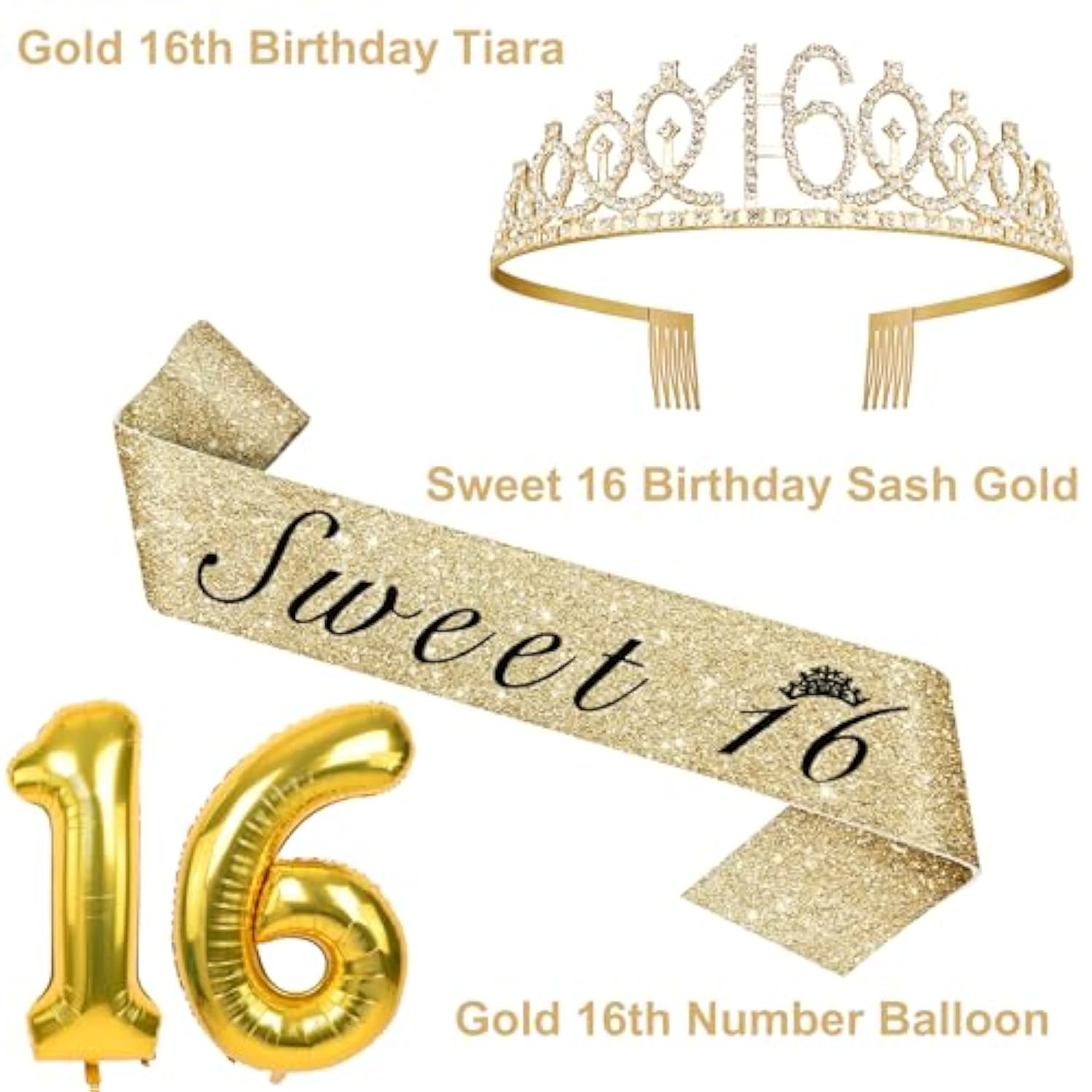 16Th Birthday Decorations For Girls Gold With Sweet 16 Sash And Tiara, Cake Topper And Candles, Number Balloons, Sweet 16 Party Decoration Gifts