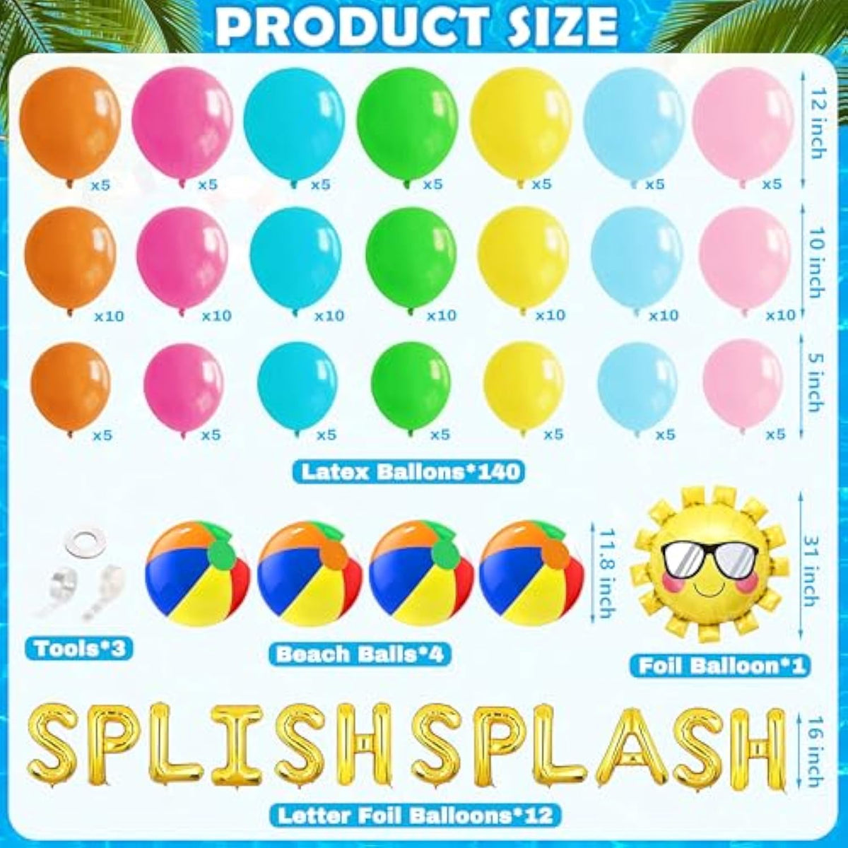 Tropical Luau Balloon Arch Kit – 160pcs Summer Pool Party Decor with Beach Ball Balloon