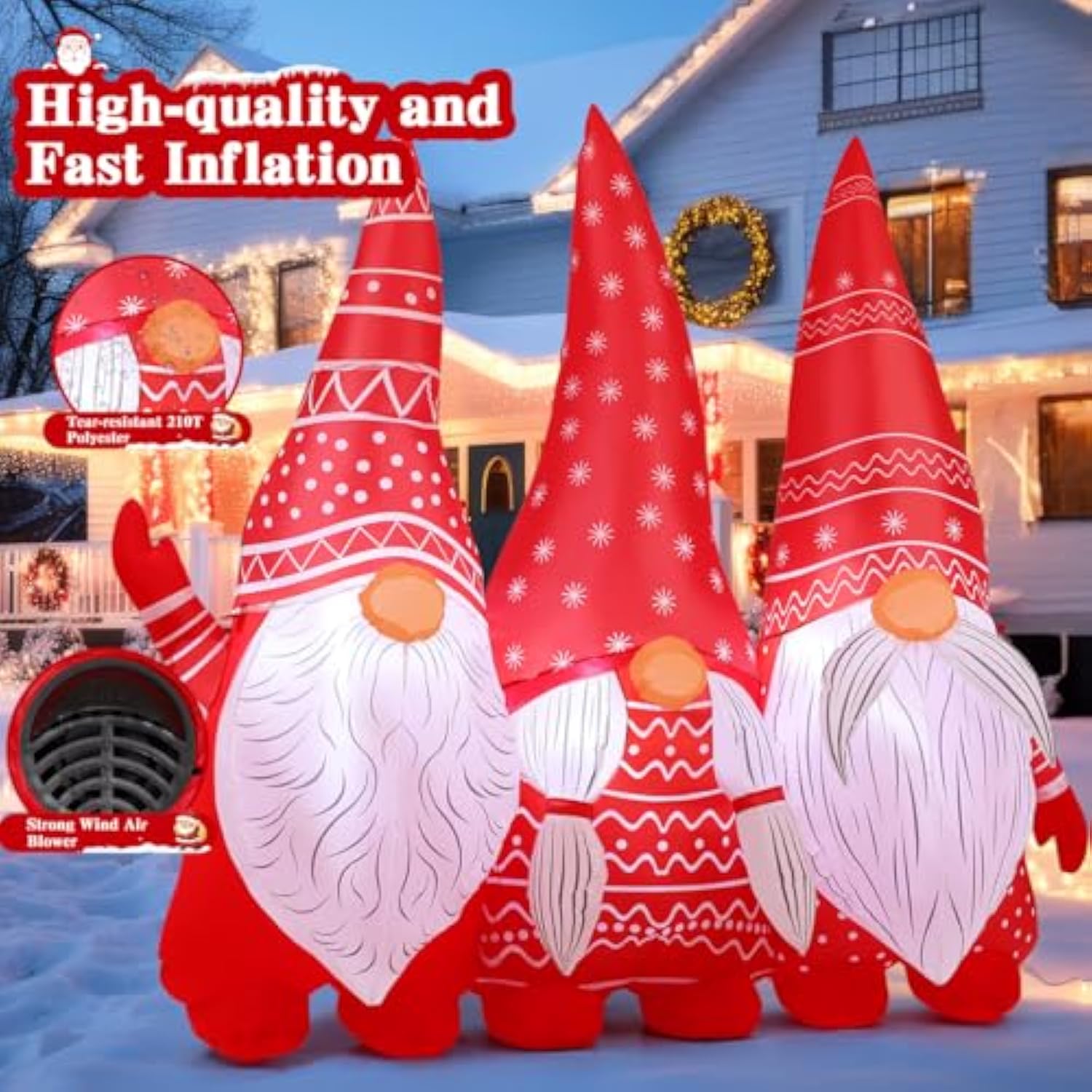6.8 Ft Width Christmas Inflatable Gnomes Outdoor Decoration Blow Up Yard Three Xmas Midgets Holding Hands With Built-In