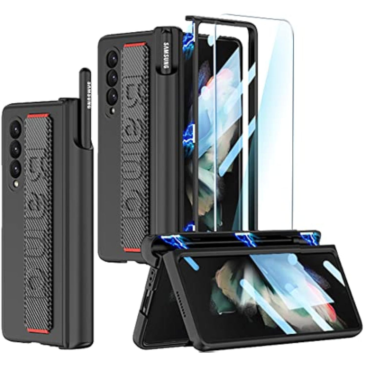 For Samsung Galaxy Z Fold 3 Case With Wrist Strap & Screen Protector & S Pen Slot,Magnetic Hinge Protective Bumper Case Ultra Slim Shockproof Anti-Scratch For Samsung Z Fold 3 5G (Black)