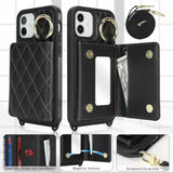 For Iphone 12 Case With Card Holder And Strap For Women,Crossbody Lanyard, Make Up Mirror,Ring Stand,Snap Clasp,Cute Phone Wallet Cases 6.1 Inch - Black