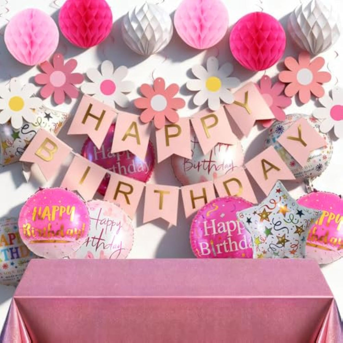 Pink And White Happy Birthday Banner Decorations With Tablecloth, Pom Poms, Stars Swirl Streamers For Girls Women Birthday Party Decorations