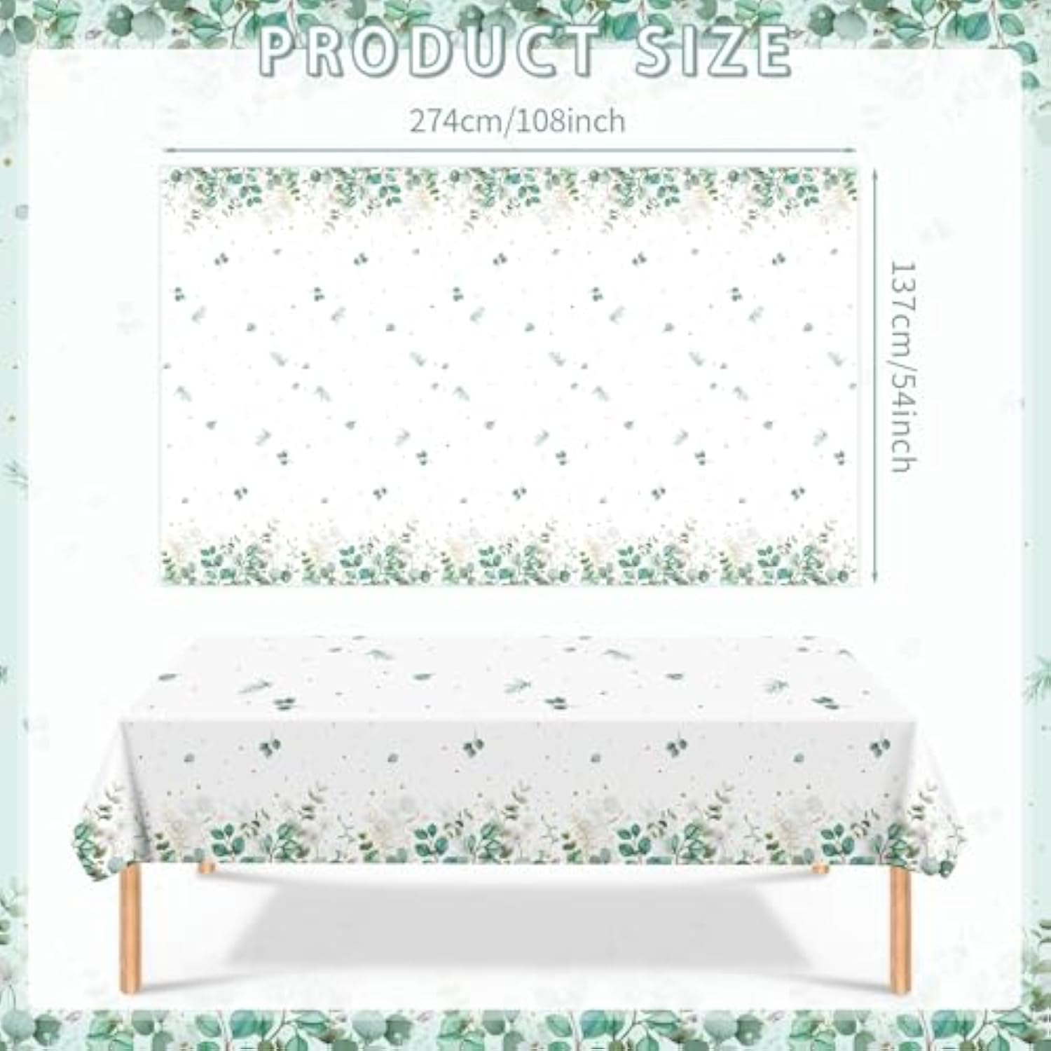 2 Pcs Sage Green Tablecloth - White And Green Eucalyptus Leaves Table Cloth, Disposable Plastic Rectangle Greenery Table Cover For Wedding Bridal Baby Shower Party Supplies Tables Decor, 108X54Inch