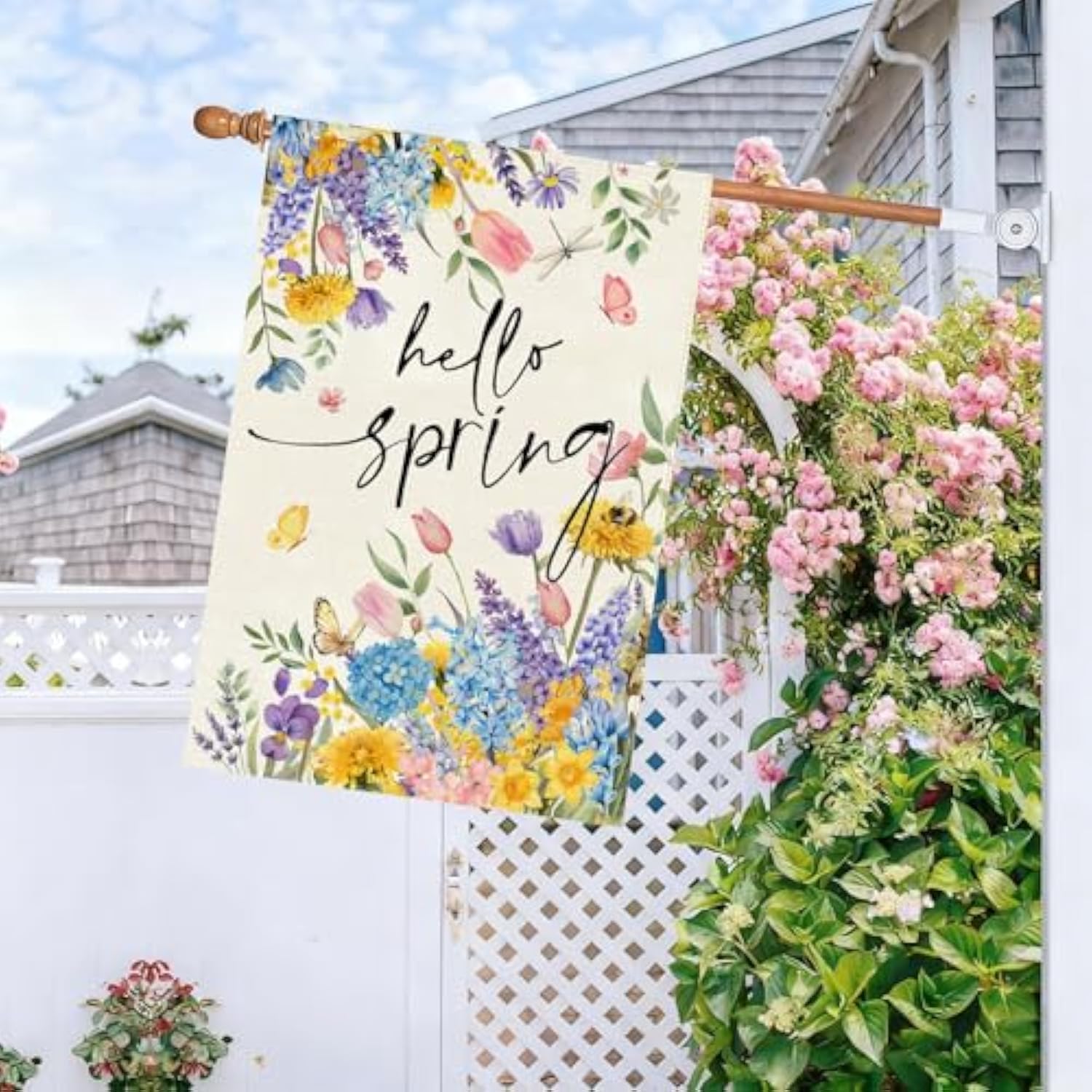 Spring Floral House Flag Burlap Double Sided 28X40 Inch Outside, Hello Spring Cute Tulip Flowers Large Garden Flag Holiday Outdoor Decoration