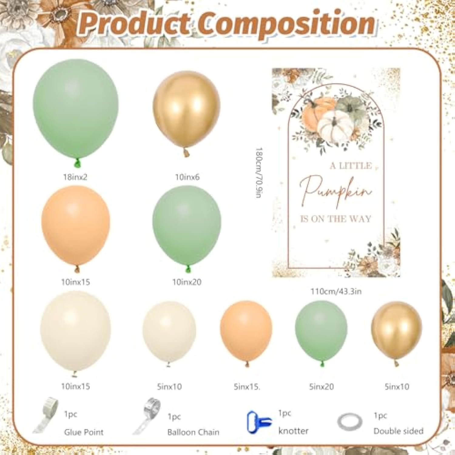 Pumpkin Baby Shower Balloon Arch Kit with Backdrop Orange Green Gold White Balloons Decor
