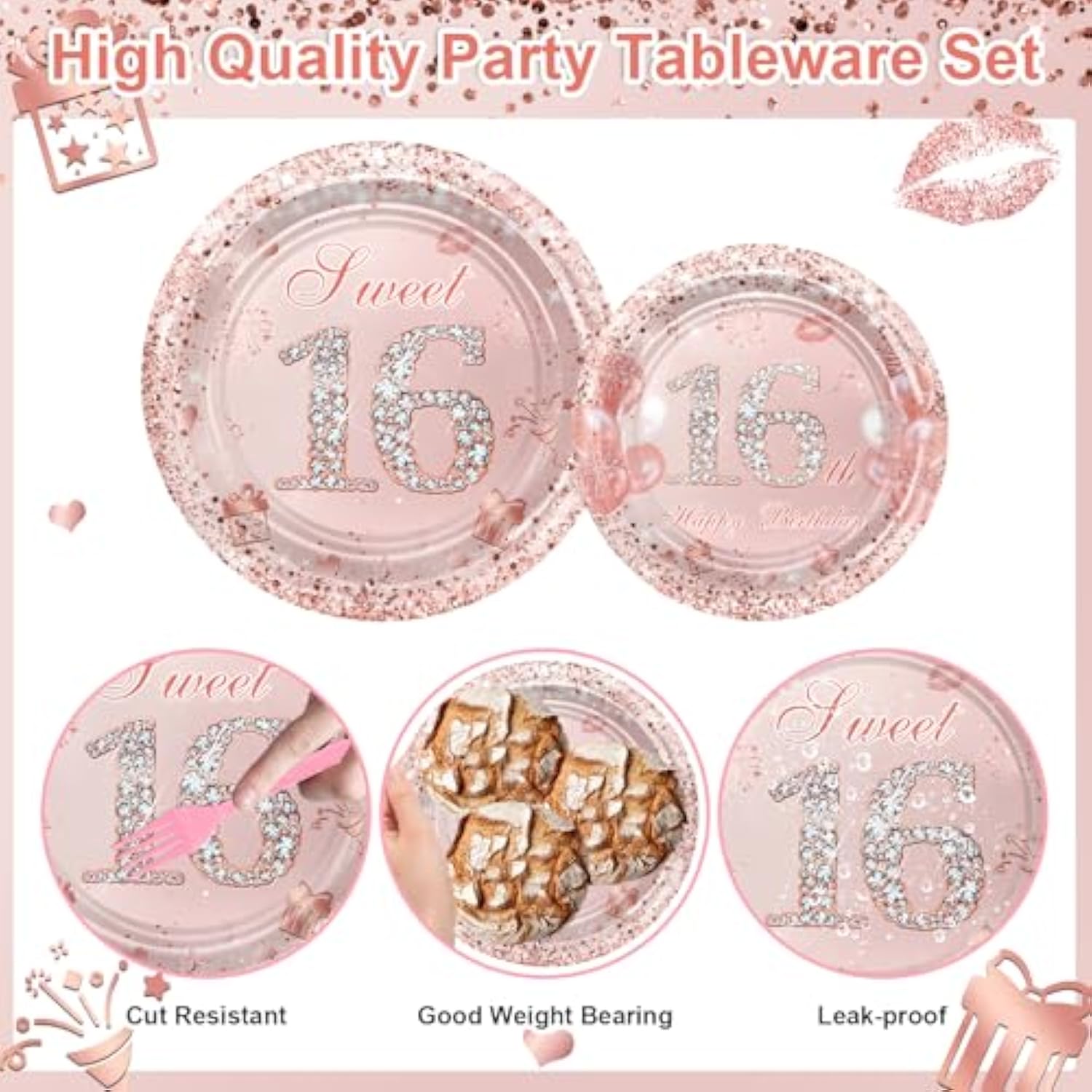 96 Pcs Rose Gold Sweet 16 Birthday Party Paper Plates And Napkins Girls Sweet 16 Decorations Sweet Sixteen Birthday Party Disposable Paper Tableware Serve 24