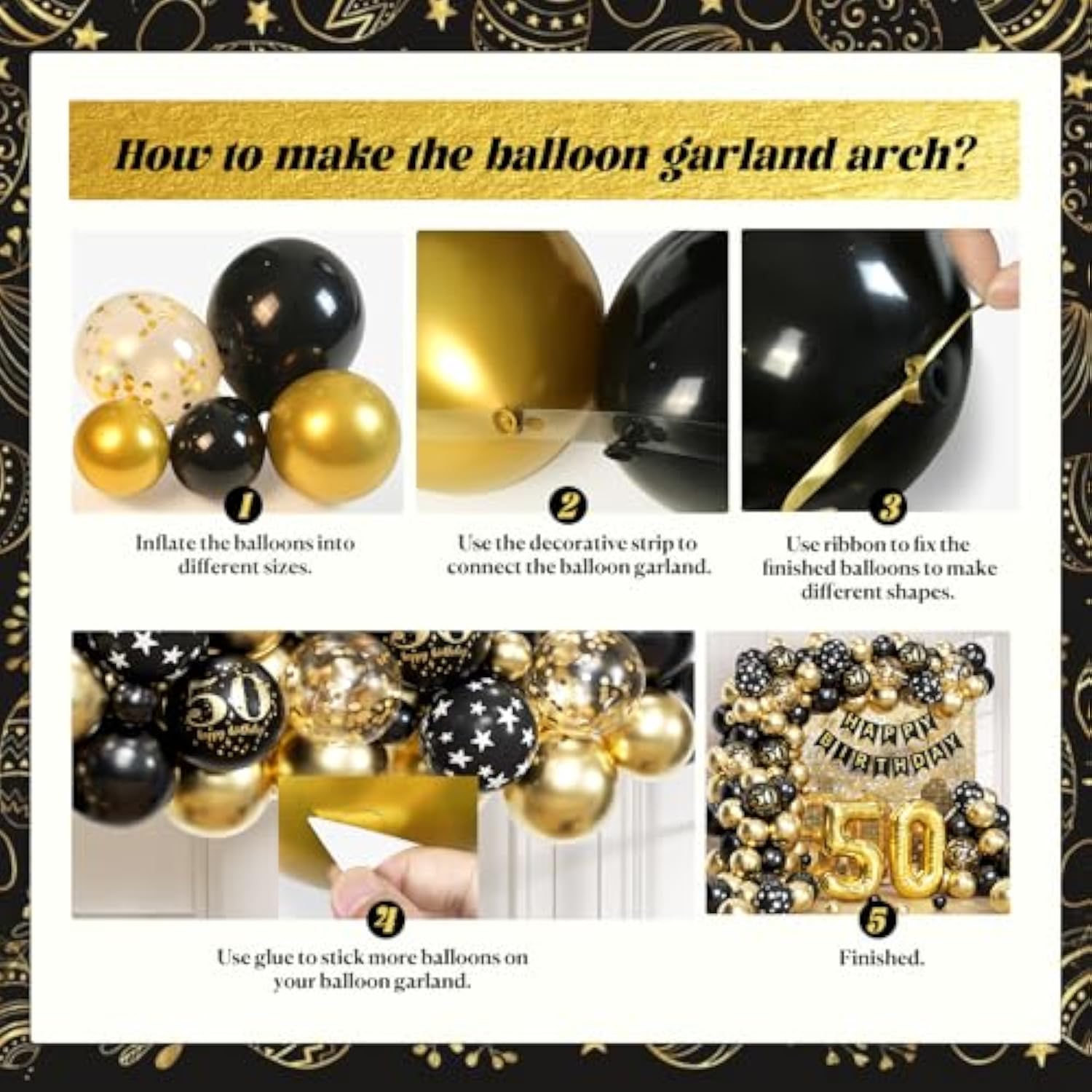 50Th Birthday Decorations For Men Women With Happy 50Th Birthday Decorations Banner 50 Balloon Number, Black And Gold 50Th Birthday Balloons Kit For 50Th Birthday Party Decorations