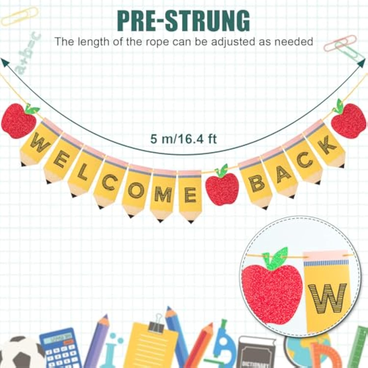 Back to School Banner Pre-Strung Apple & Pencil Garland for Classroom & Parties