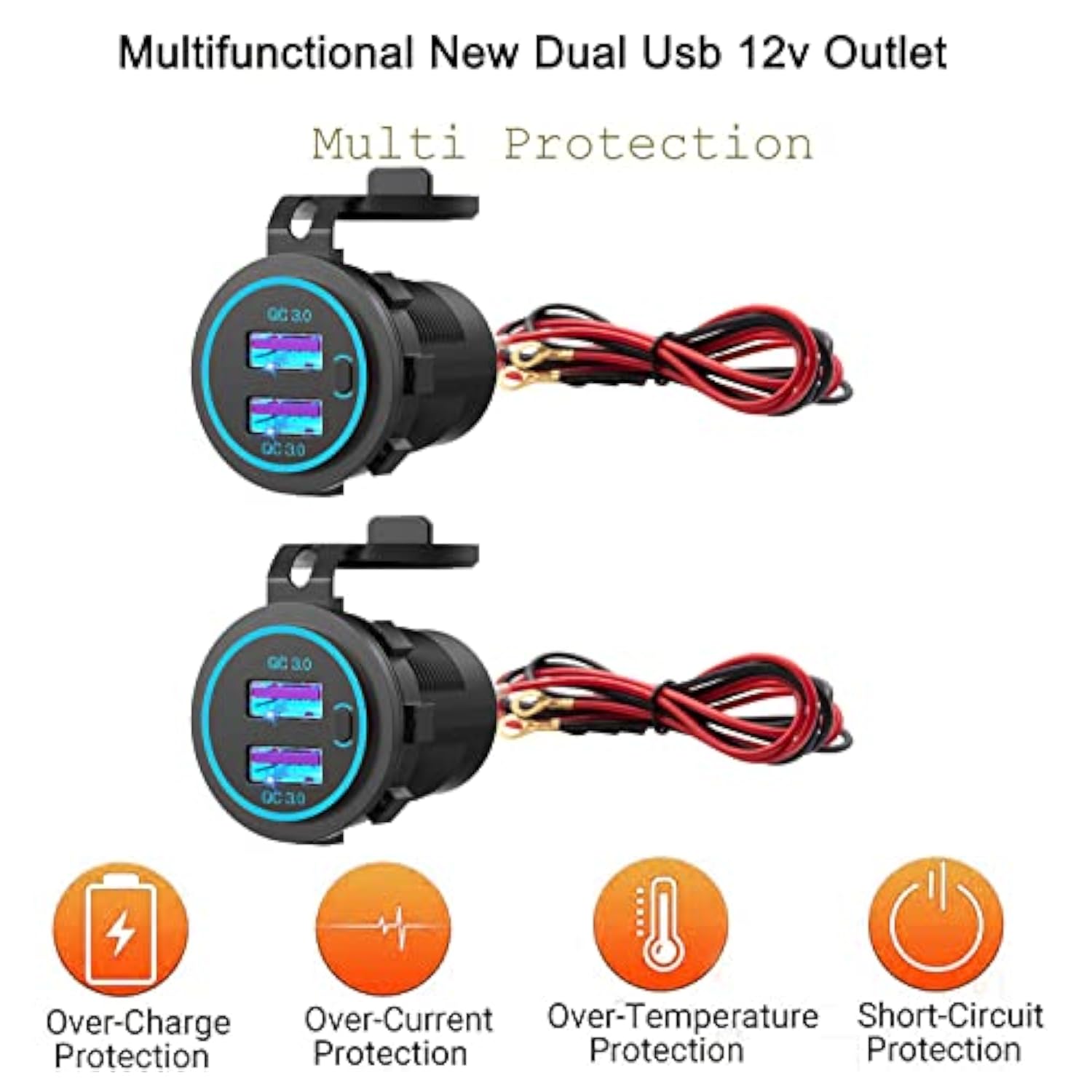 [2 Pack] 12V Dual Usb Quick Charger 3.0 Port Waterproof Power Outlet With Power Switch For Car, Golf Cart, Boat, Marine, Bus, Truck, Rv, Motorcycle