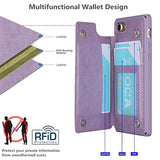 Heart Purple Phone Case with Card Holder and Wallet Function for iPhone SE 2022/SE 2020/7/8, Women's RFID Blocking PU Leather Wrist Strap Case