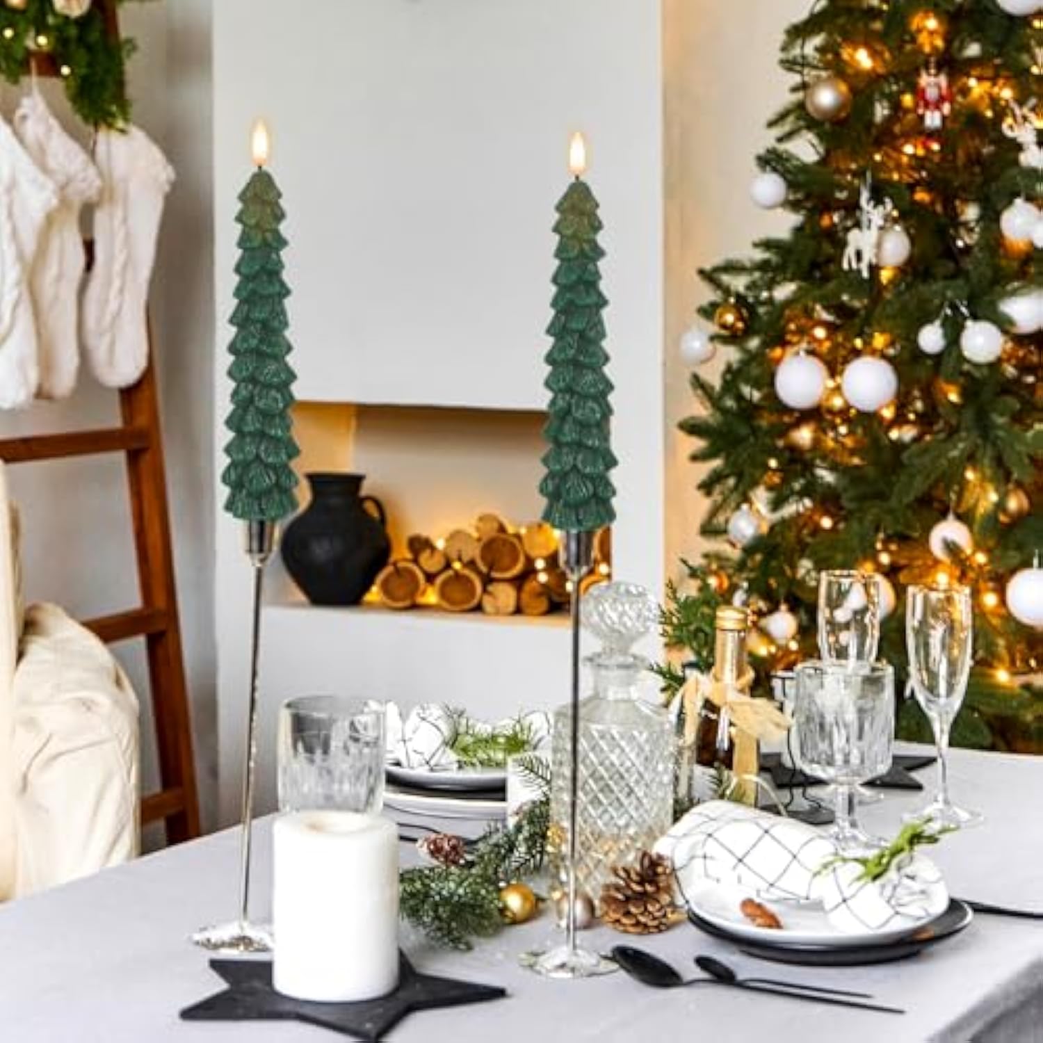 Christmas Tree Candles Battery Operated With Remote Timer, 4 Pcs Christmas Tree Flameless Taper Candles With 3D Flickering Flame, Green Led Tree Candlesticks For Christmas Home Winter Decor