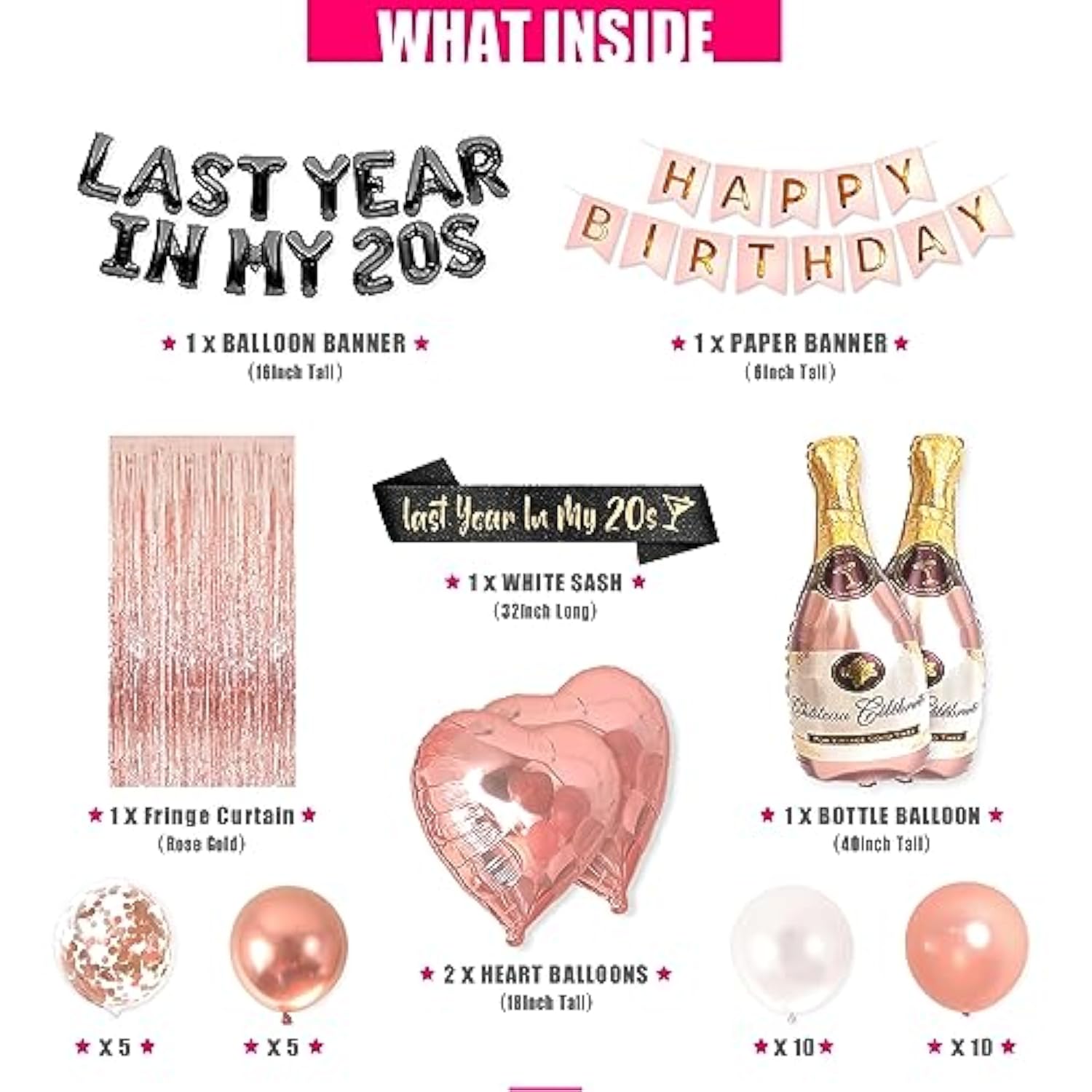 38pcs Rose Gold 29th Birthday Decorations for Women, with Banner, Sash & Balloons